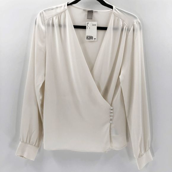 H&M Tops - H&M Women's White Faux Wrap Long Sleeve Blouse Size S NWT